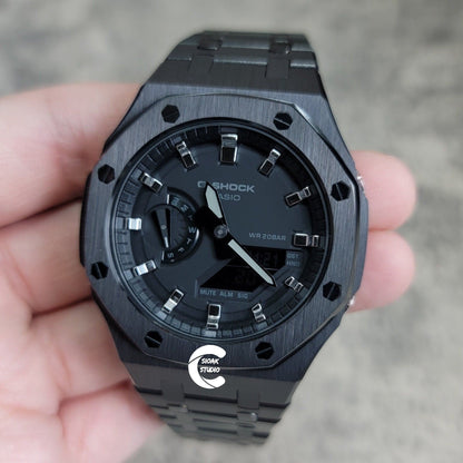 Casioak Mod Watch Black Case Metal Strap Black Silver Time Mark Black Dial 44mm- Casioak Mod Casio G-Shock Royal Oak Custom Mens Luxury Watches Ga2100