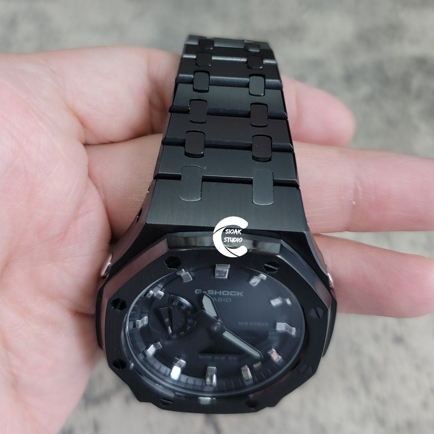 Casioak Mod Watch Black Case Metal Strap Black Silver Time Mark Black Dial 44mm- Casioak Mod Casio G-Shock Royal Oak Custom Mens Luxury Watches Ga2100