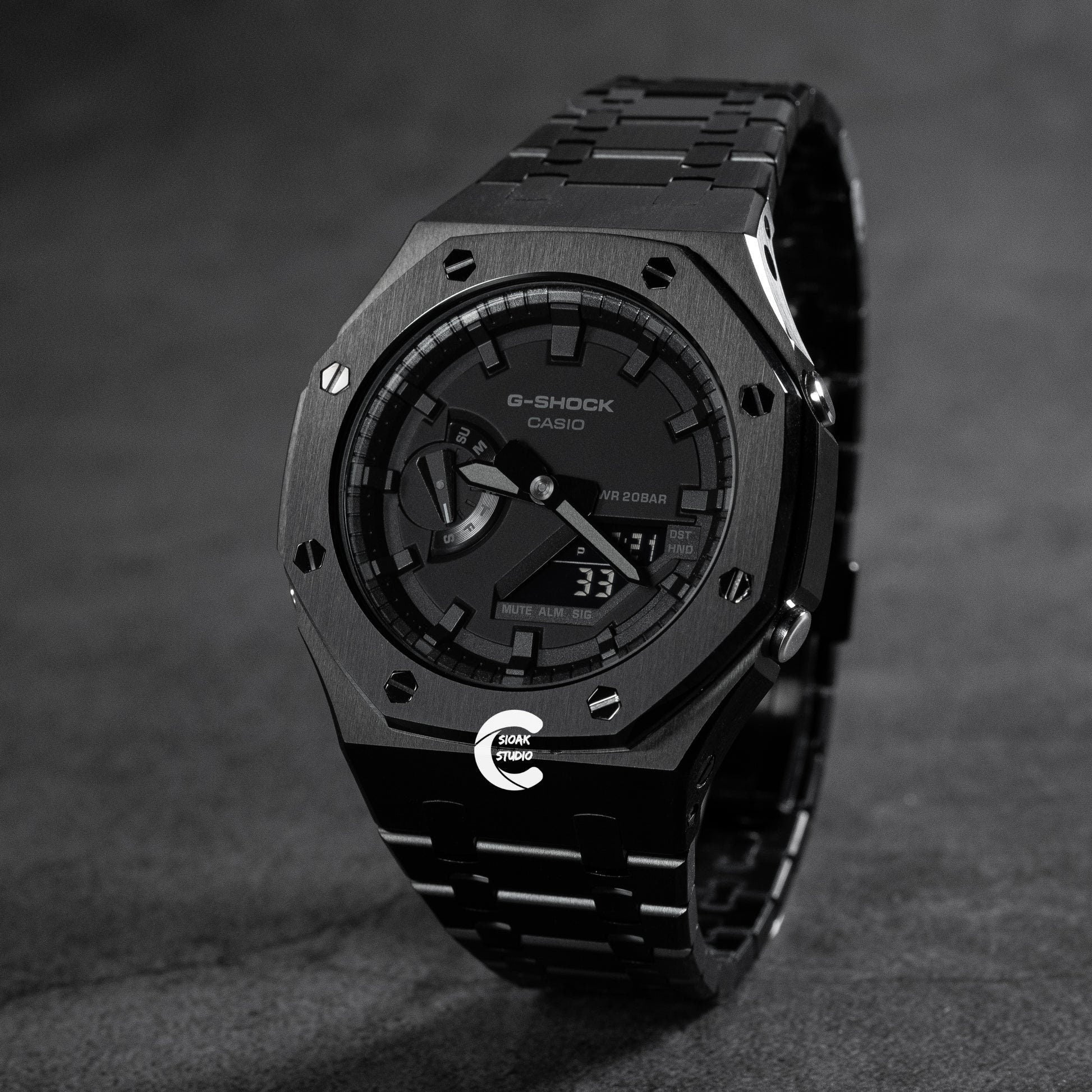 Casioak Mod Watch Black Case Metal Strap Black Time Mark Black Dial 44 mm- Casioak Mod Casio G-Shock Royal Oak Custom Mens Luxury Watches Ga2100