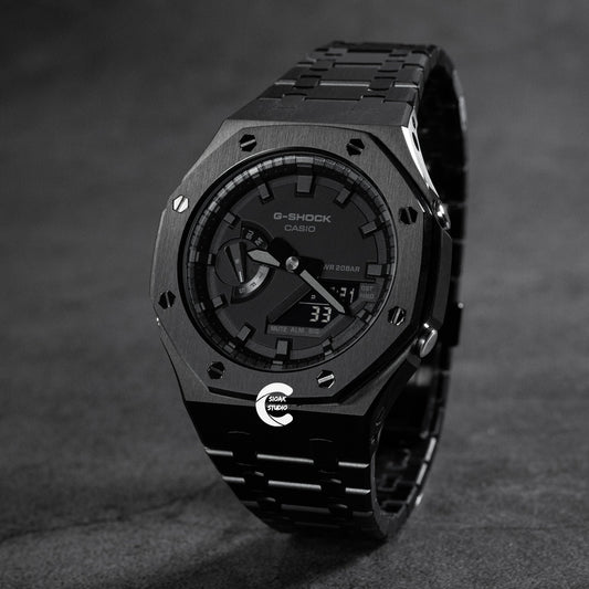 Casioak Mod Watch Black Case Metal Strap Black Time Mark Black Dial 44 mm- Casioak Mod Casio G-Shock Royal Oak Custom Mens Luxury Watches Ga2100