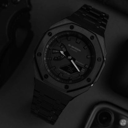 Casioak Mod Watch Black Case Metal Strap Black Time Mark Black Dial 44mm- Casioak Mod Casio G-Shock Royal Oak Custom Mens Luxury Watches Ga2100