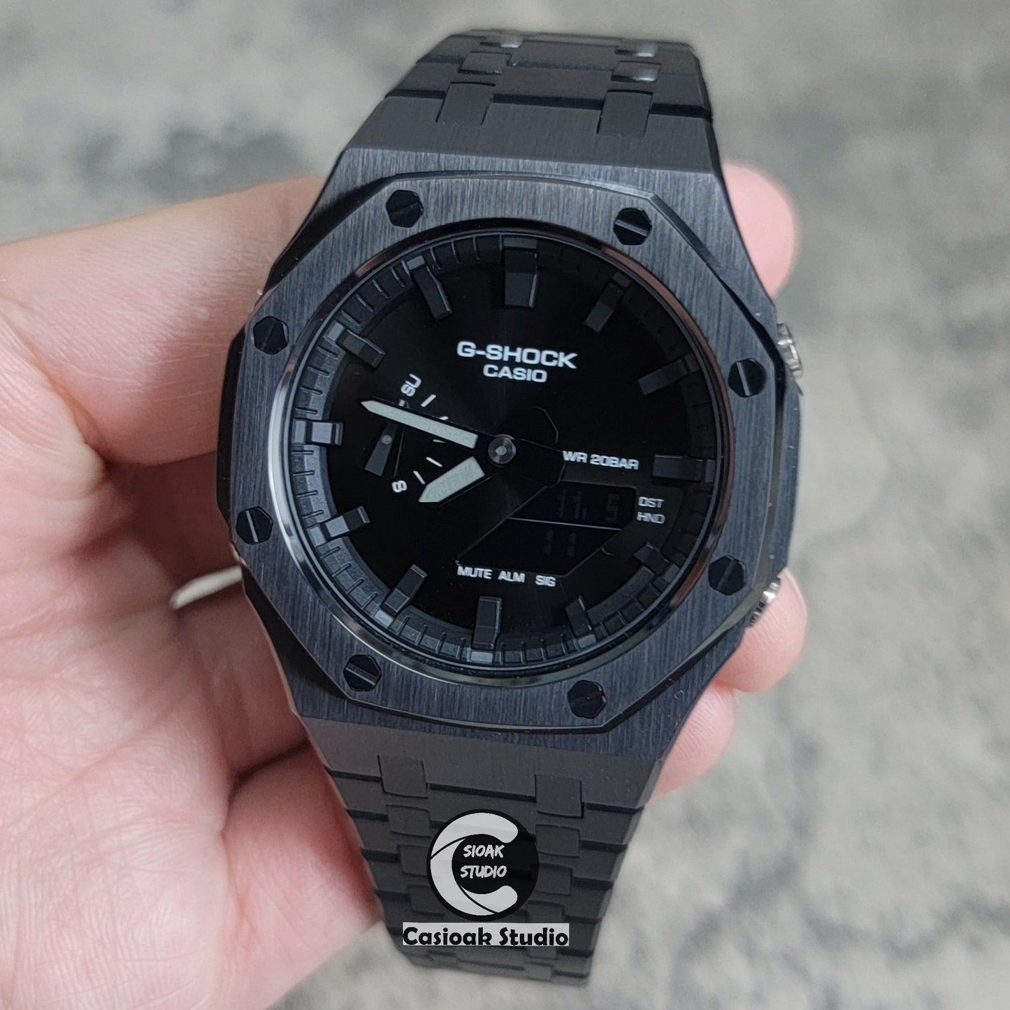 Casioak Mod Watch Black Case Metal Strap Black Time Mark Black Dial 44mm- Casioak Mod Casio G-Shock Royal Oak Custom Mens Luxury Watches Ga2100