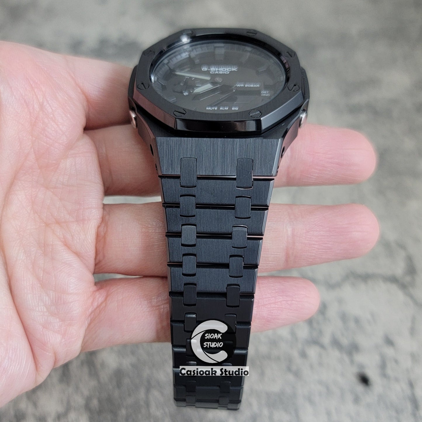 Casioak Mod Watch Black Case Metal Strap Black Time Mark Black Dial 44mm- Casioak Mod Casio G-Shock Royal Oak Custom Mens Luxury Watches Ga2100