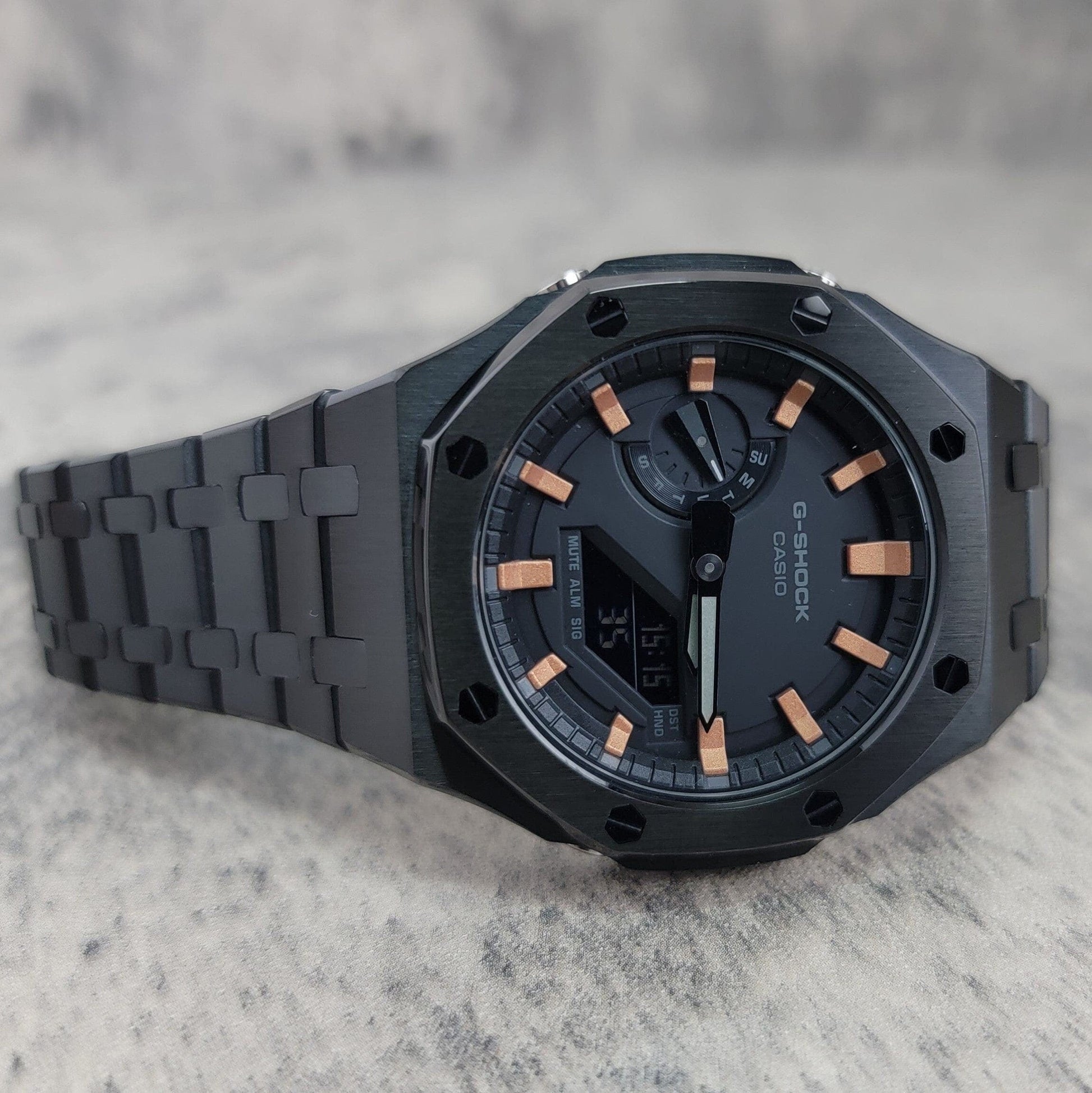 Casioak Mod Watch Black Case Metal Strap Black Time Mark Black Dial 44mm- Casioak Mod Casio G-Shock Royal Oak Custom Mens Luxury Watches Ga2100