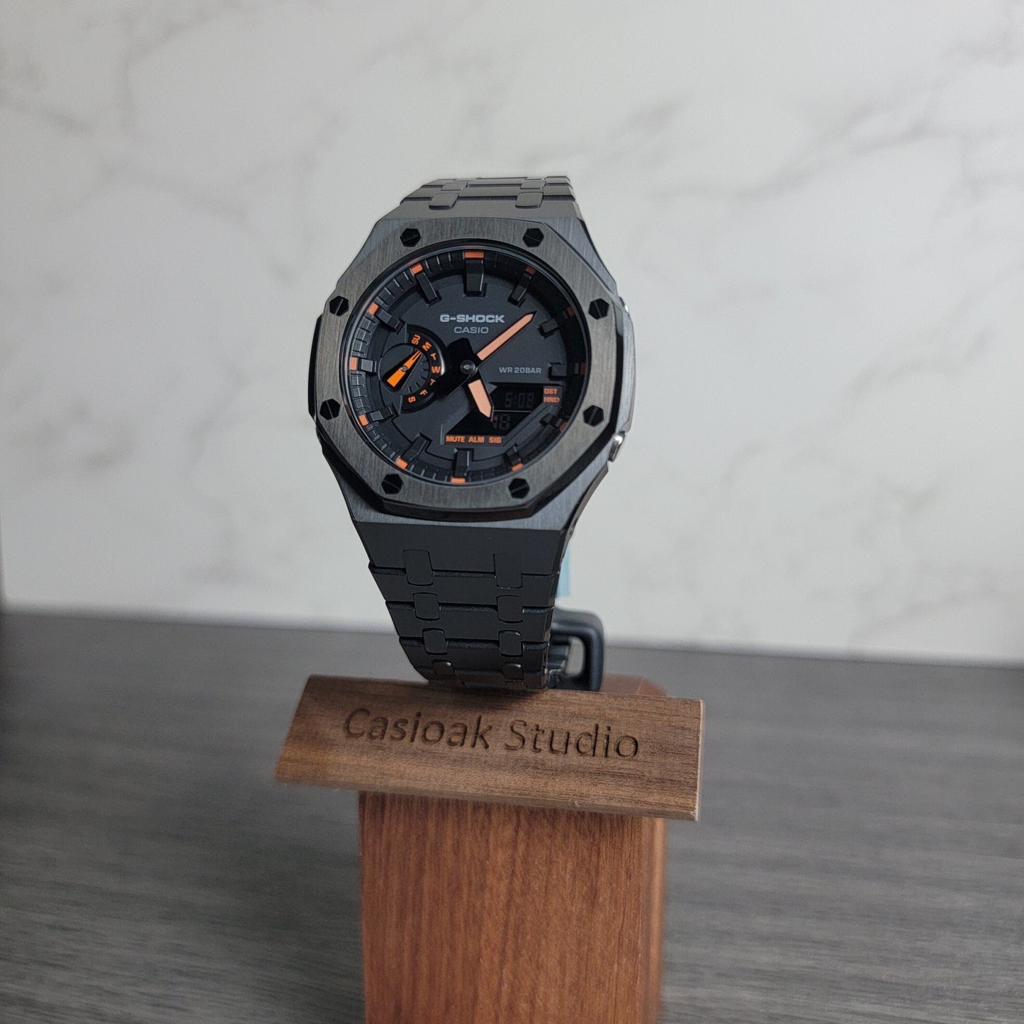 Casioak Mod Watch Black Case Metal Strap Black Time Mark Black Dial 44mm Orange- Casioak Mod Casio G-Shock Royal Oak Custom Mens Luxury Watches Ga2100