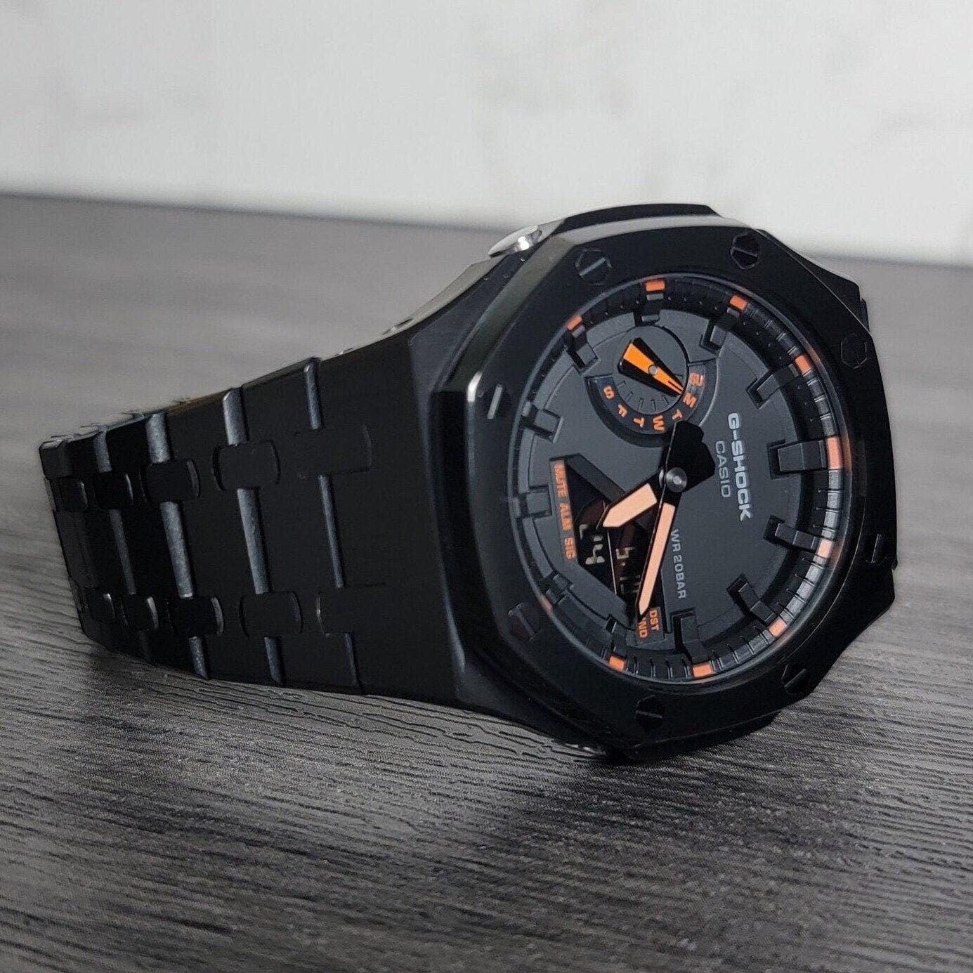 Casioak Mod Watch Black Case Metal Strap Black Time Mark Black Dial 44mm Orange- Casioak Mod Casio G-Shock Royal Oak Custom Mens Luxury Watches Ga2100