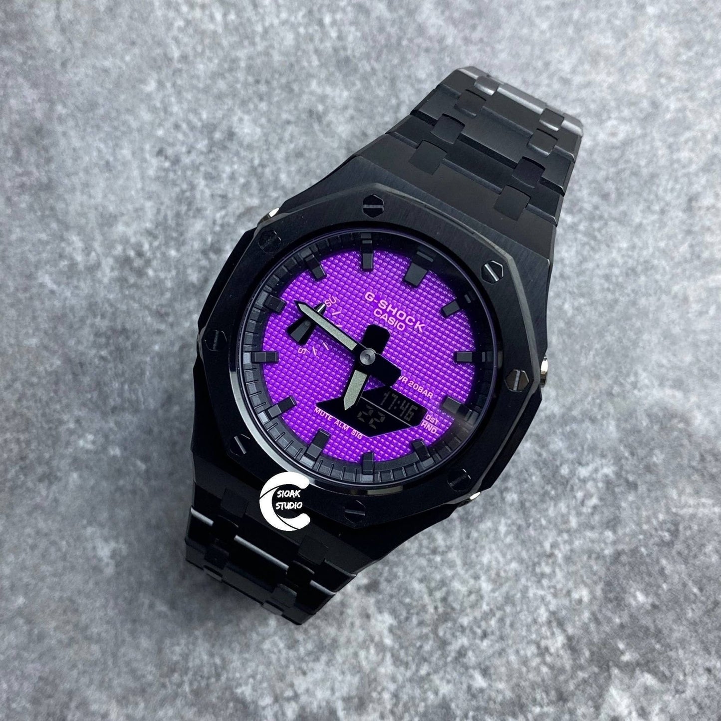 Casioak Mod Watch Black Case Metal Strap Black Time Mark Purple Dial 44mm- Casioak Mod Casio G-Shock Royal Oak Custom Mens Luxury Watches Ga2100