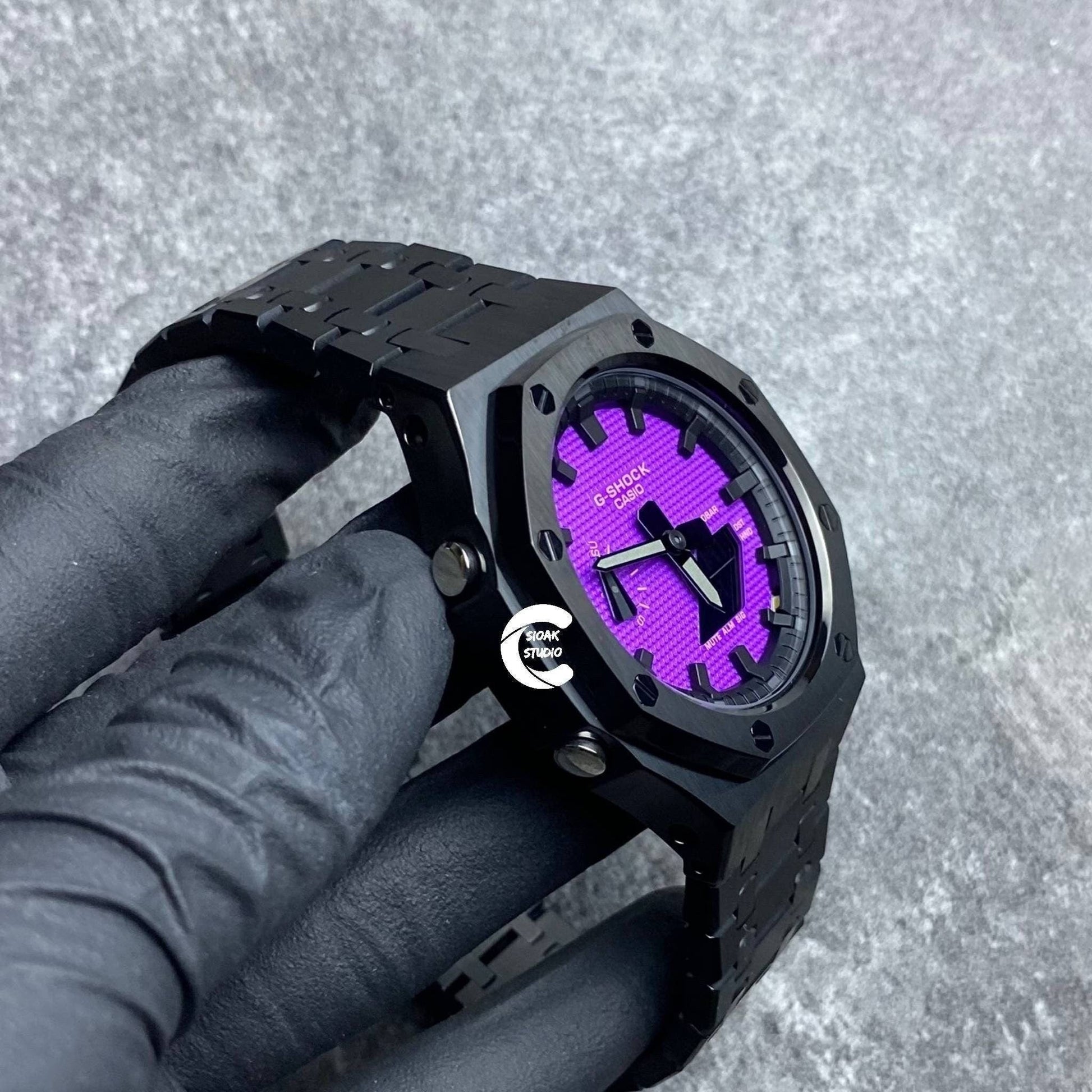 Casioak Mod Watch Black Case Metal Strap Black Time Mark Purple Dial 44mm- Casioak Mod Casio G-Shock Royal Oak Custom Mens Luxury Watches Ga2100