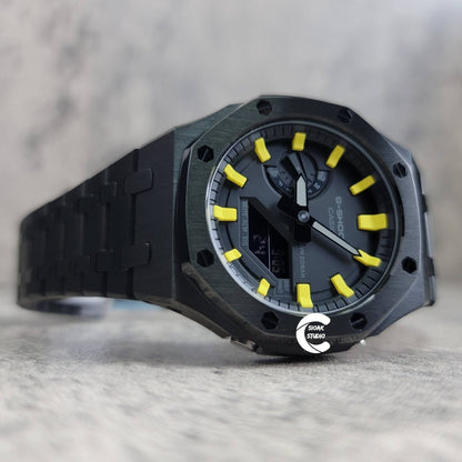 Casioak Mod Watch Black Case Metal Strap Black Yellow Time Mark Black Dial 44mm- Casioak Mod Casio G-Shock Royal Oak Custom Mens Luxury Watches Ga2100