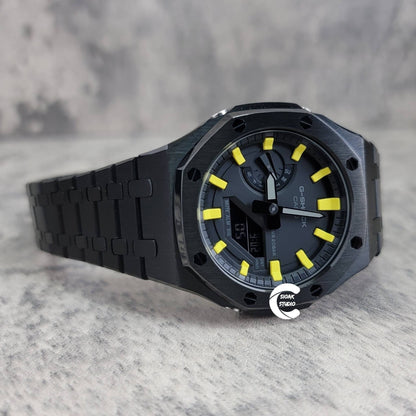 Casioak Mod Watch Black Case Metal Strap Black Yellow Time Mark Black Dial 44mm- Casioak Mod Casio G-Shock Royal Oak Custom Mens Luxury Watches Ga2100