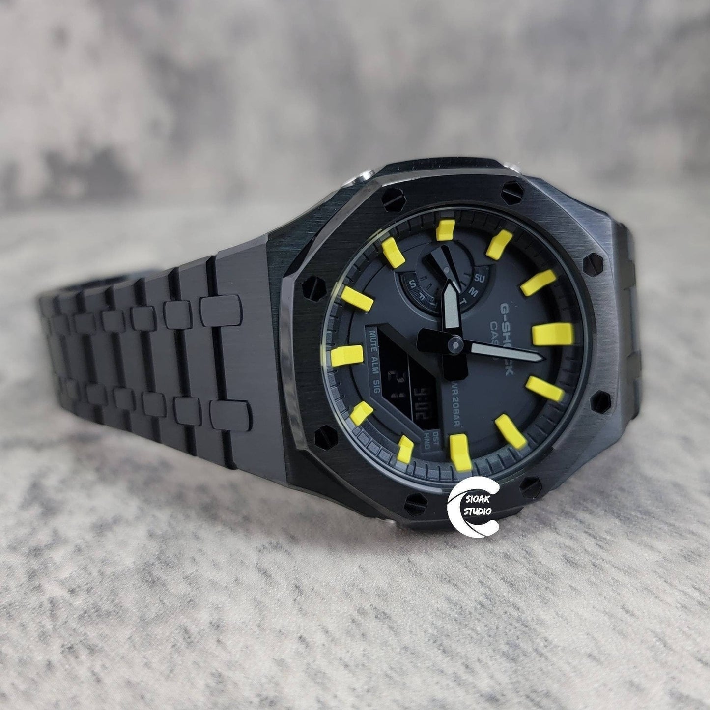 Casioak Mod Watch Black Case Metal Strap Black Yellow Time Mark Black Dial 44mm- Casioak Mod Casio G-Shock Royal Oak Custom Mens Luxury Watches Ga2100