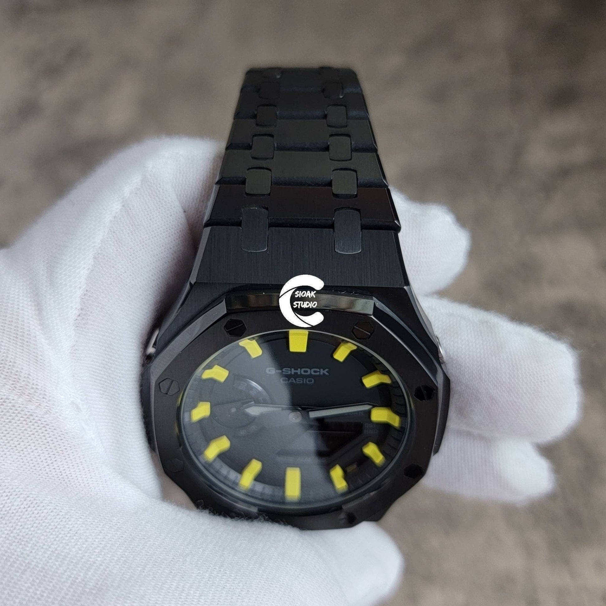 Casioak Mod Watch Black Case Metal Strap Black Yellow Time Mark Black Dial 44mm- Casioak Mod Casio G-Shock Royal Oak Custom Mens Luxury Watches Ga2100