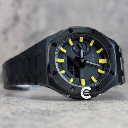 Casioak Mod Watch Black Case Metal Strap Black Yellow Time Mark Black Dial 44mm- Casioak Mod Casio G-Shock Royal Oak Custom Mens Luxury Watches Ga2100