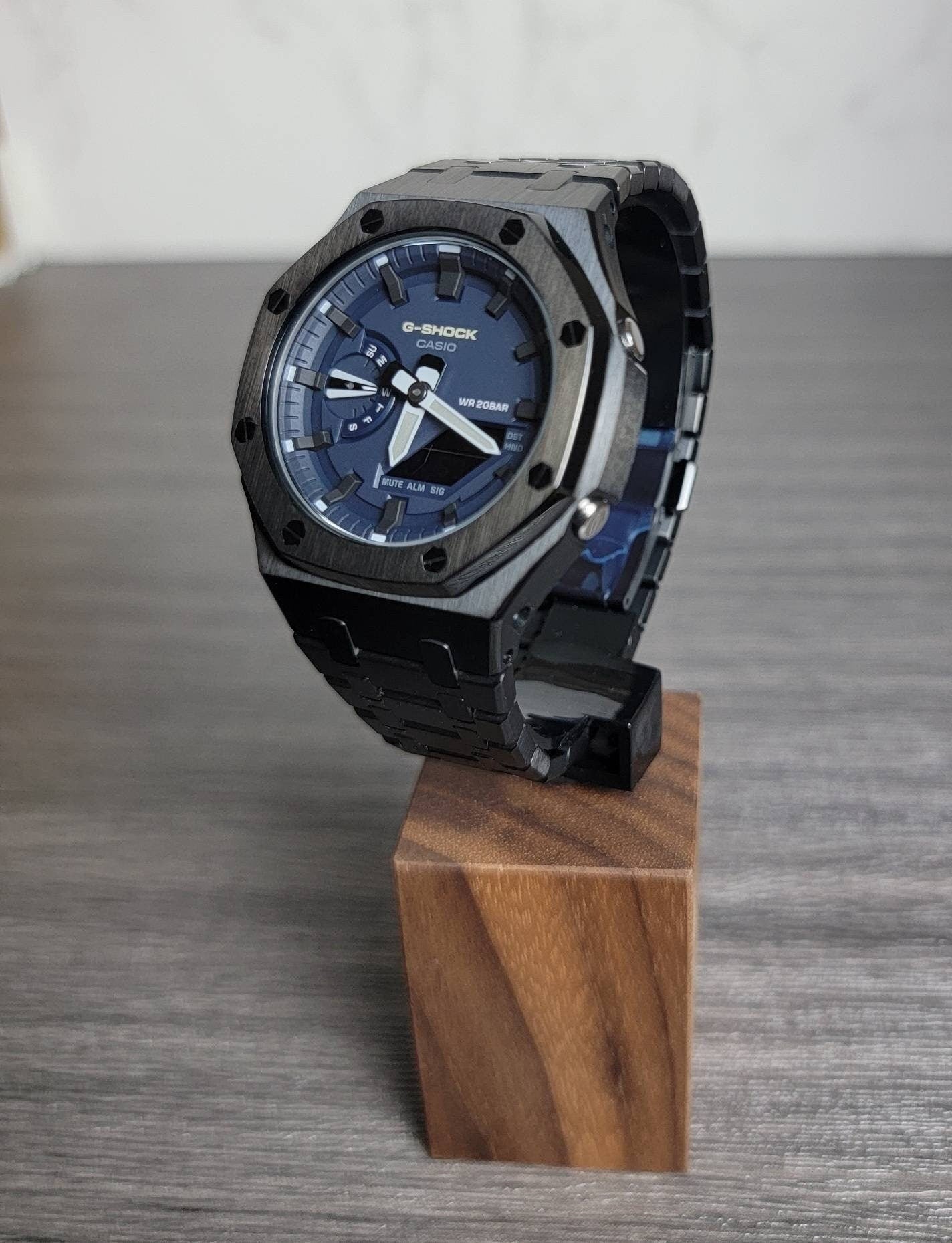 Casioak Mod Watch Black Case Metal Strap Blue Black Time Mark Blue Dial 44mm- Casioak Mod Casio G-Shock Royal Oak Custom Mens Luxury Watches Ga2100