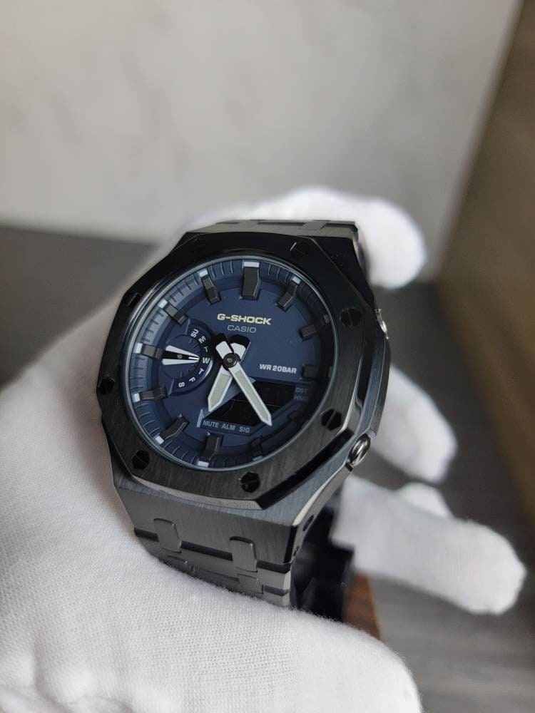 Casioak Mod Watch Black Case Metal Strap Blue Black Time Mark Blue Dial 44mm- Casioak Mod Casio G-Shock Royal Oak Custom Mens Luxury Watches Ga2100