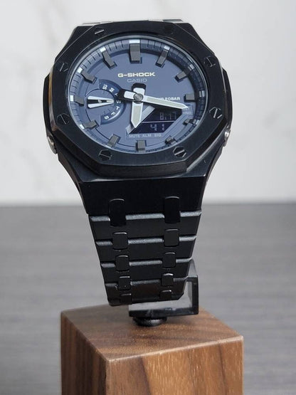 Casioak Mod Watch Black Case Metal Strap Blue Black Time Mark Blue Dial 44mm- Casioak Mod Casio G-Shock Royal Oak Custom Mens Luxury Watches Ga2100