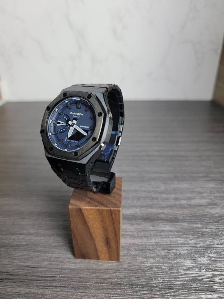 Casioak Mod Watch Black Case Metal Strap Blue Black Time Mark Blue Dial 44mm- Casioak Mod Casio G-Shock Royal Oak Custom Mens Luxury Watches Ga2100