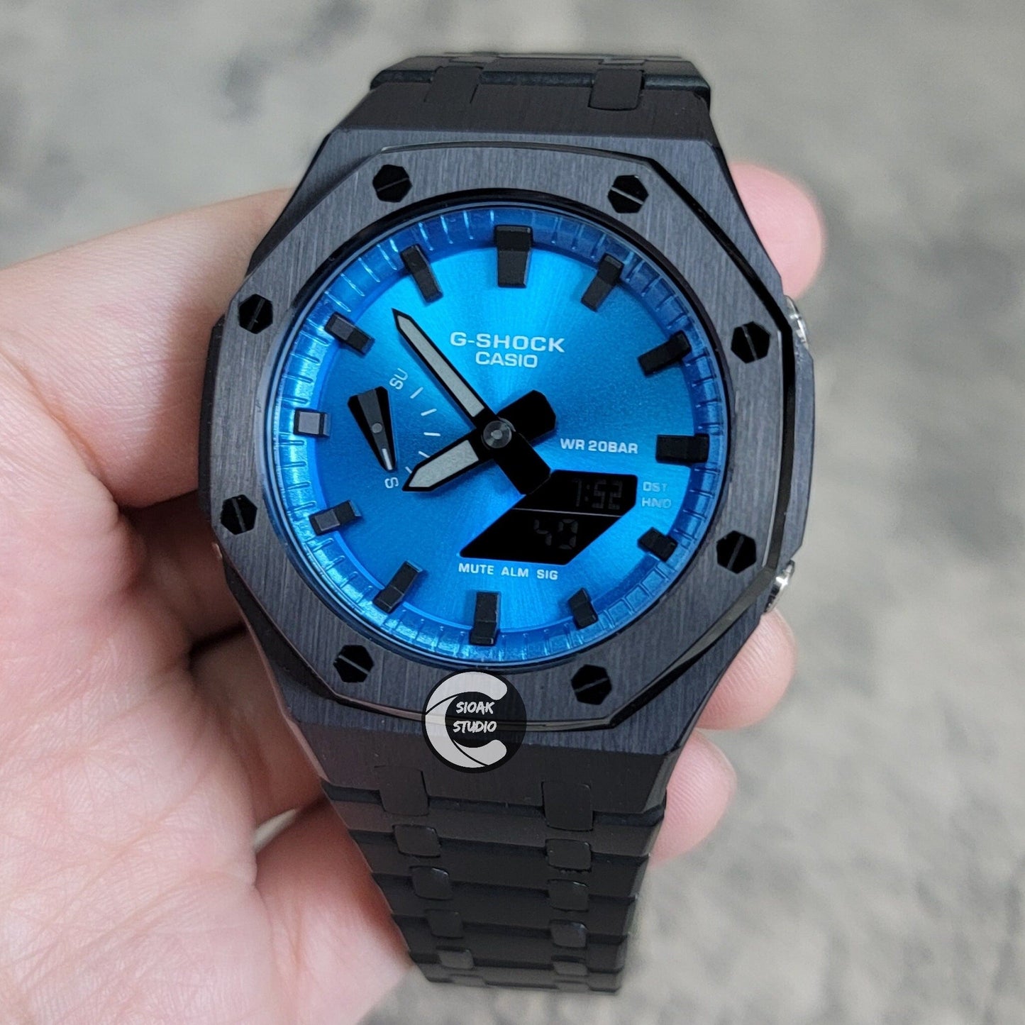 Casioak Mod Watch Black Case Metal Strap Blue Black Time Mark Metallic Blue Dial 44mm- Casioak Mod Casio G-Shock Royal Oak Custom Mens Luxury Watches Ga2100