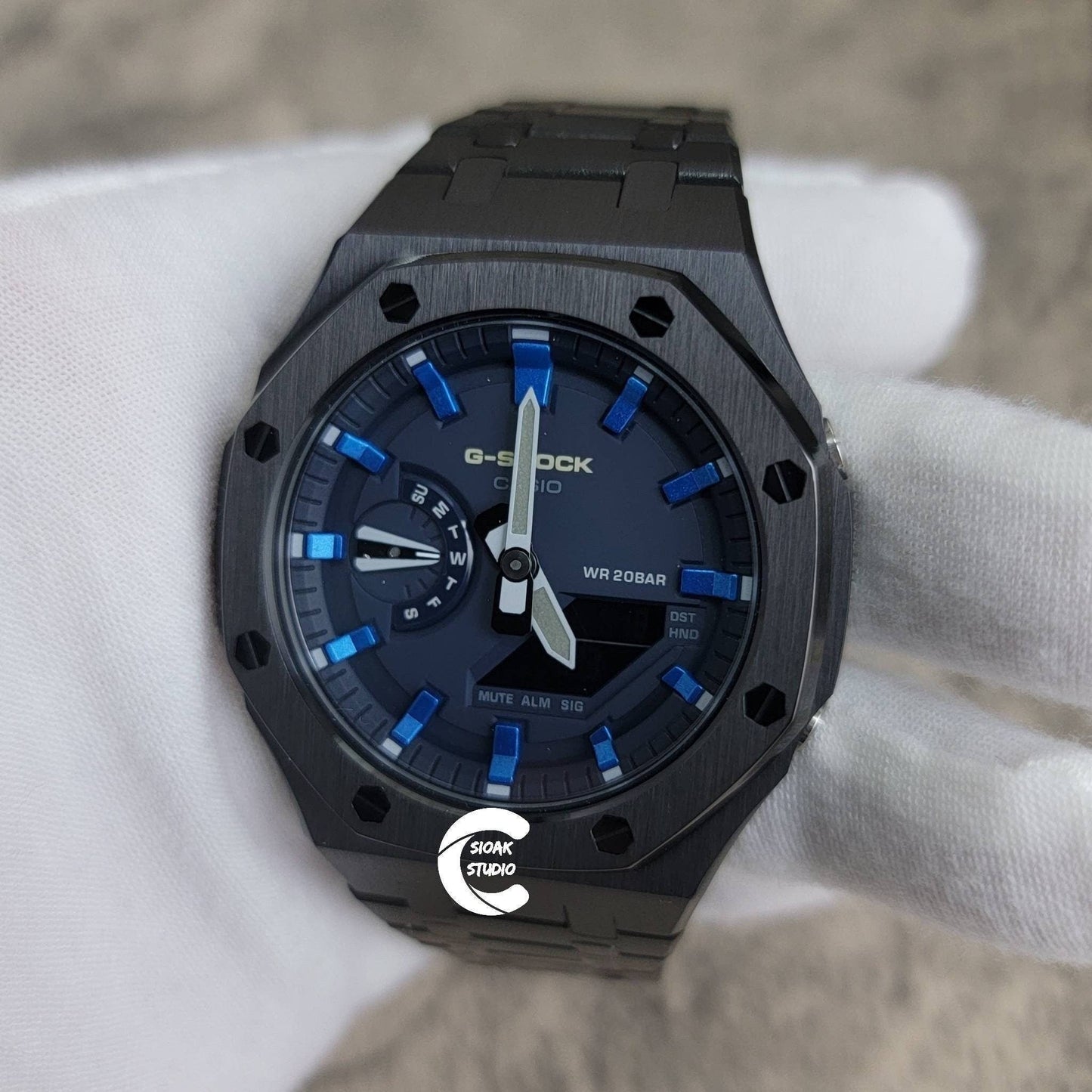 Casioak Mod Watch Black Case Metal Strap Blue Blue Time Mark Blue Dial 44mm- Casioak Mod Casio G-Shock Royal Oak Custom Mens Luxury Watches Ga2100