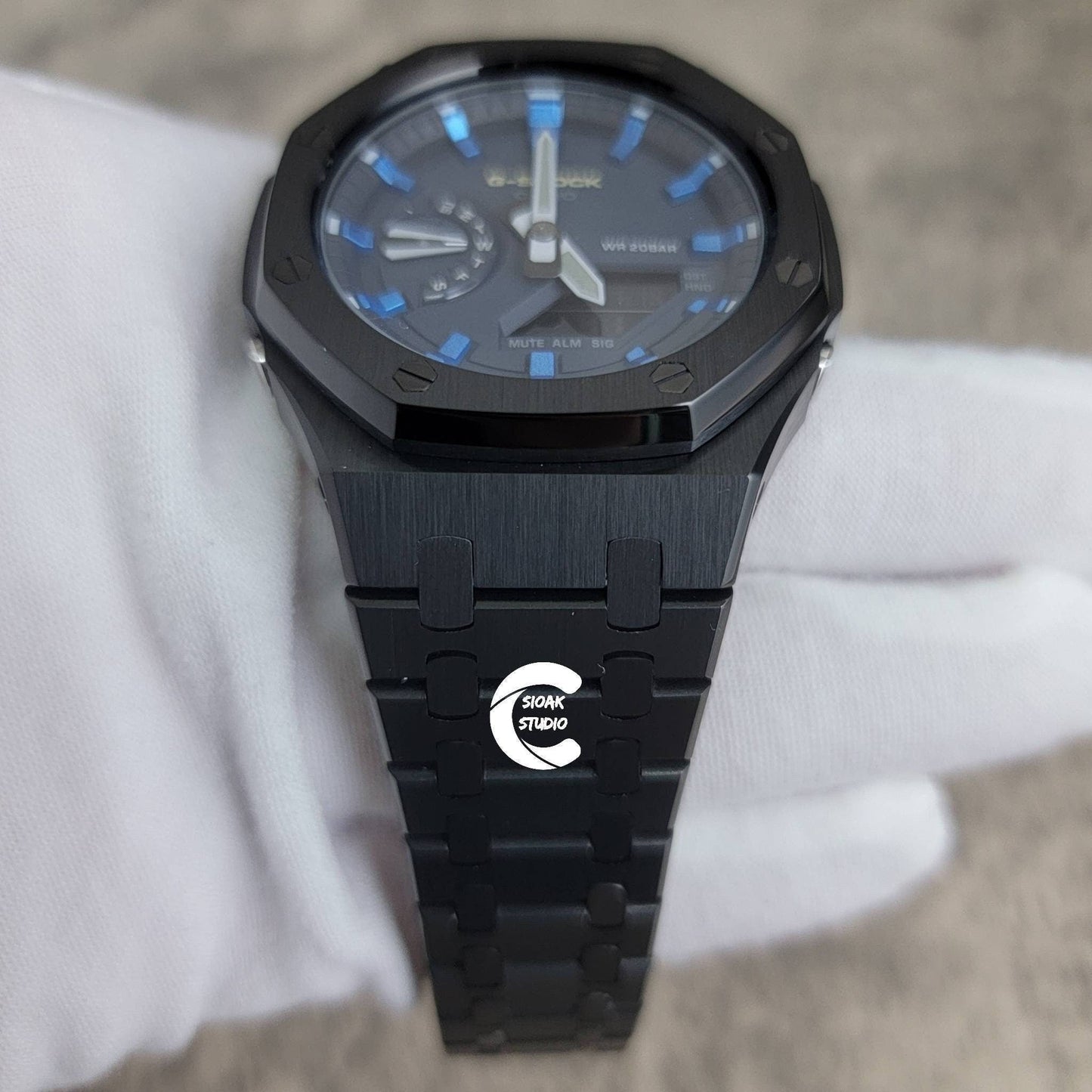 Casioak Mod Watch Black Case Metal Strap Blue Blue Time Mark Blue Dial 44mm- Casioak Mod Casio G-Shock Royal Oak Custom Mens Luxury Watches Ga2100