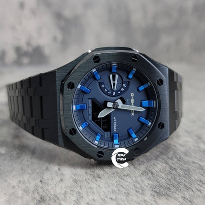 Casioak Mod Watch Black Case Metal Strap Blue Blue Time Mark Blue Dial 44mm- Casioak Mod Casio G-Shock Royal Oak Custom Mens Luxury Watches Ga2100