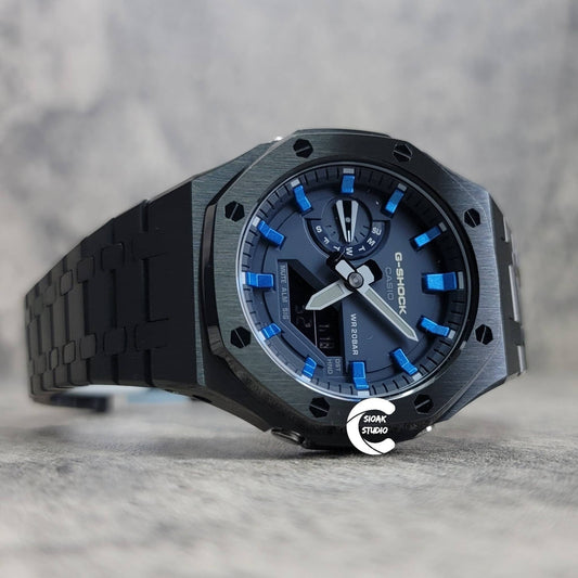 Casioak Mod Watch Black Case Metal Strap Blue Blue Time Mark Blue Dial 44mm- Casioak Mod Casio G-Shock Royal Oak Custom Mens Luxury Watches Ga2100