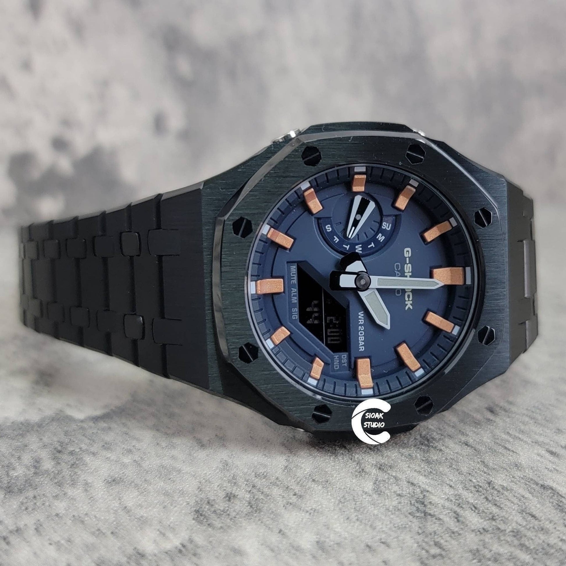 Casioak Mod Watch Black Case Metal Strap Blue Rose Gold Time Mark Blue Dial 44mm- Casioak Mod Casio G-Shock Royal Oak Custom Mens Luxury Watches Ga2100