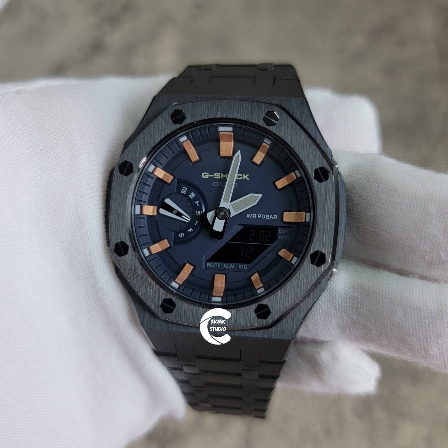 Casioak Mod Watch Black Case Metal Strap Blue Rose Gold Time Mark Blue Dial 44mm- Casioak Mod Casio G-Shock Royal Oak Custom Mens Luxury Watches Ga2100