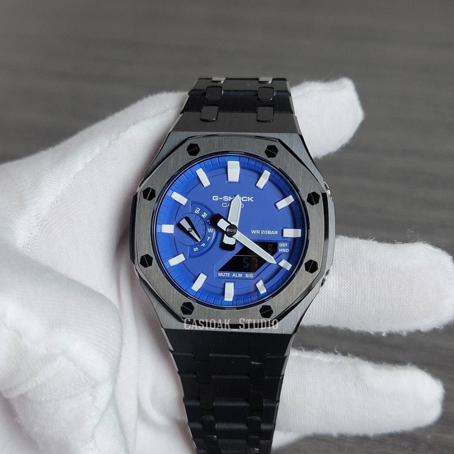 Casioak Mod Watch Black Case Metal Strap Blue White Time Mark Blue Dial 44mm- Casioak Mod Casio G-Shock Royal Oak Custom Mens Luxury Watches Ga2100