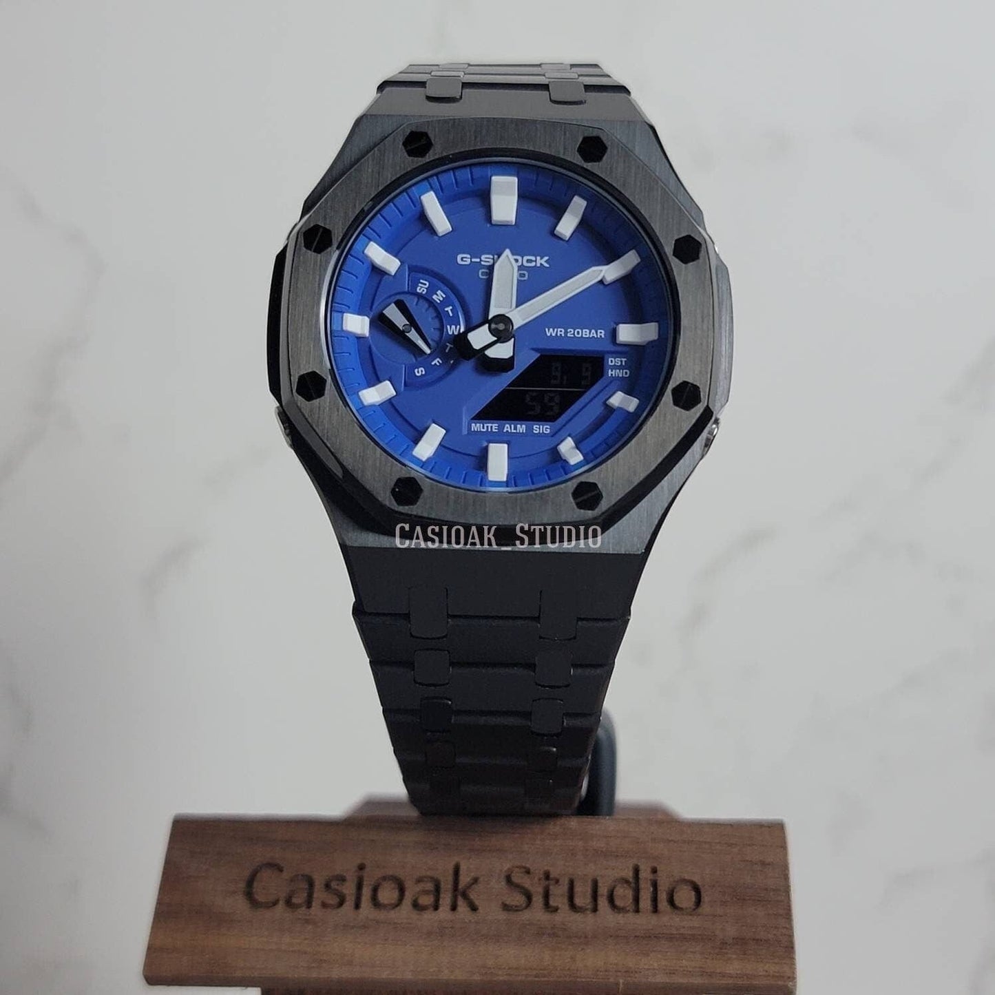 Casioak Mod Watch Black Case Metal Strap Blue White Time Mark Blue Dial 44mm- Casioak Mod Casio G-Shock Royal Oak Custom Mens Luxury Watches Ga2100