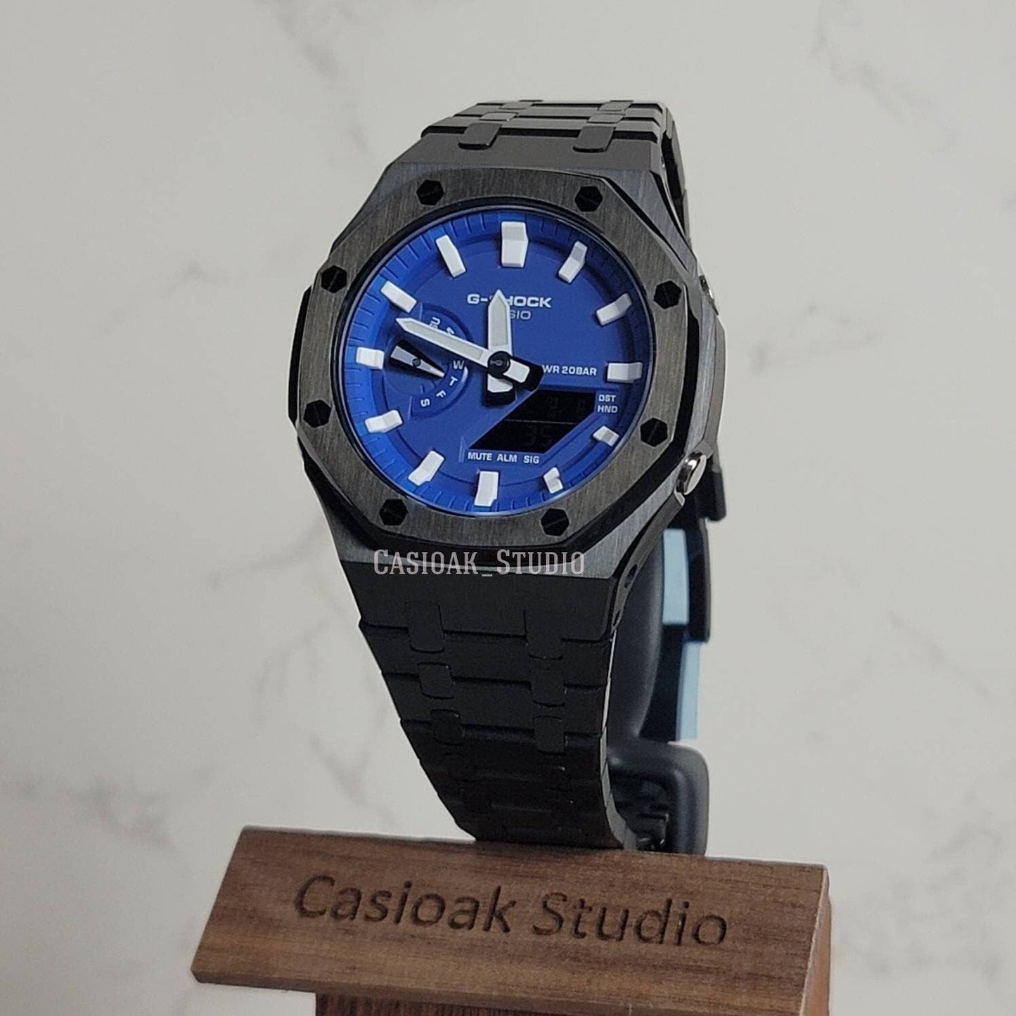 Casioak Mod Watch Black Case Metal Strap Blue White Time Mark Blue Dial 44mm- Casioak Mod Casio G-Shock Royal Oak Custom Mens Luxury Watches Ga2100