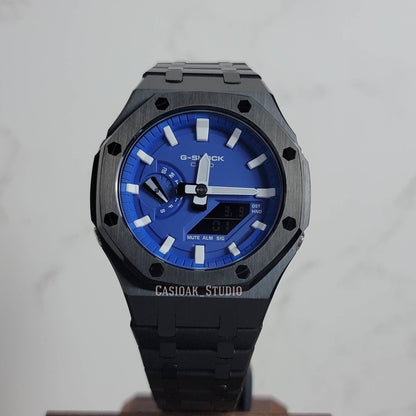 Casioak Mod Watch Black Case Metal Strap Blue White Time Mark Blue Dial 44mm- Casioak Mod Casio G-Shock Royal Oak Custom Mens Luxury Watches Ga2100