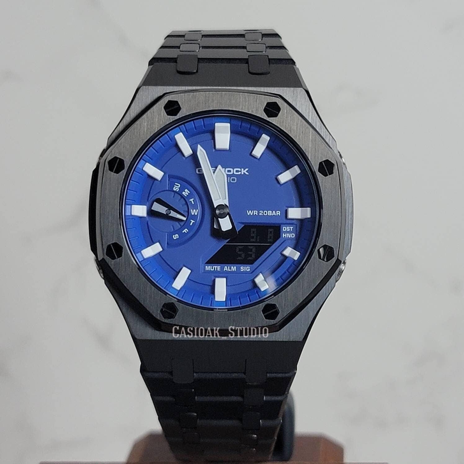 Casioak Mod Watch Black Case Metal Strap Blue White Time Mark Blue Dial 44mm- Casioak Mod Casio G-Shock Royal Oak Custom Mens Luxury Watches Ga2100