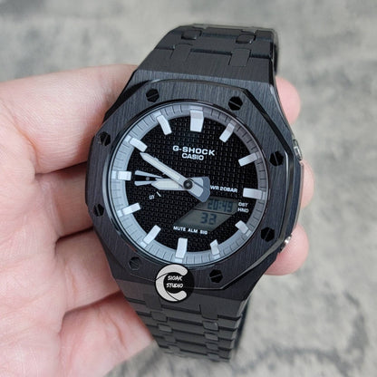 Casioak Mod Watch Black Case Metal Strap Gray White Time Mark Black Waffle Dial 44mm- Casioak Mod Casio G-Shock Royal Oak Custom Mens Luxury Watches Ga2100