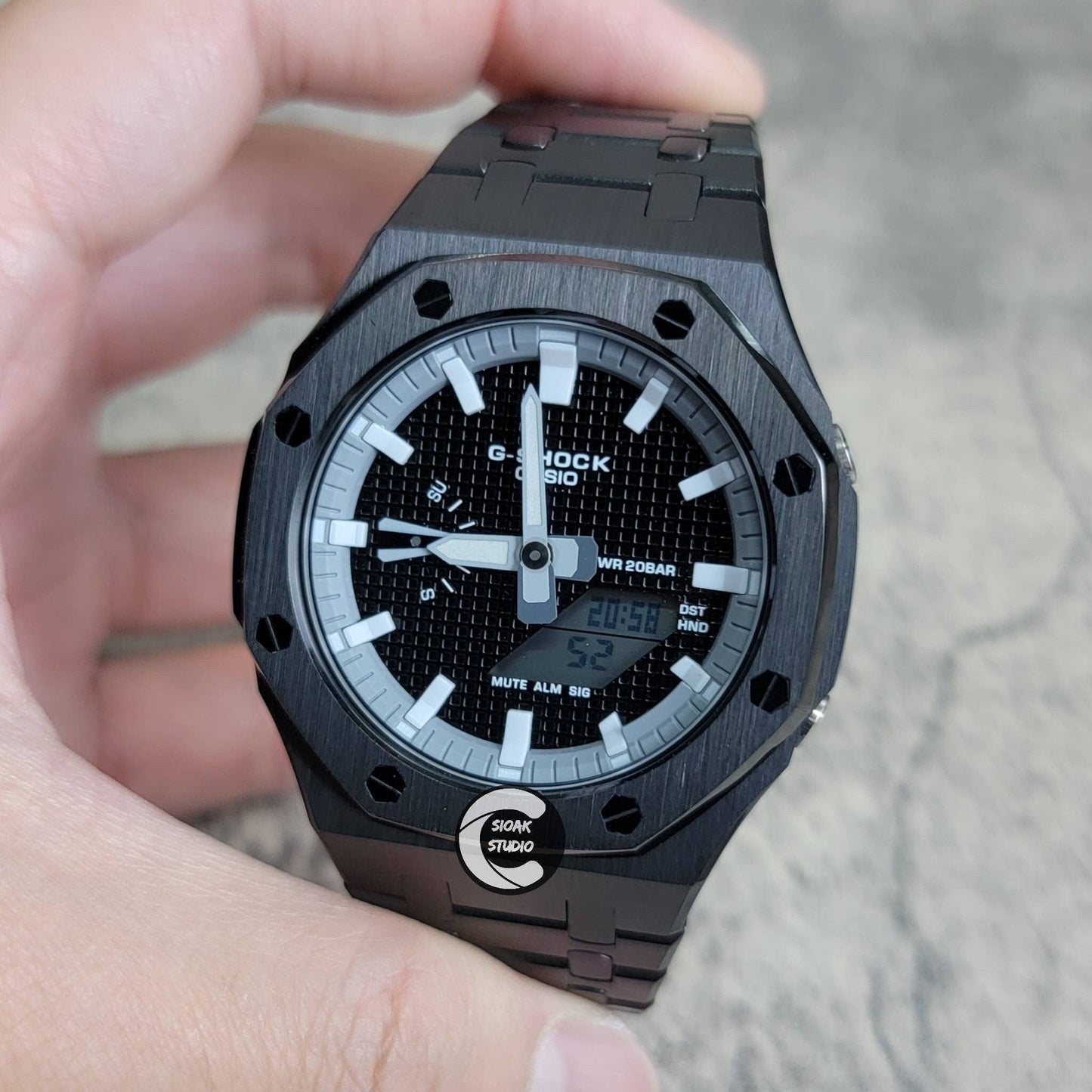 Casioak Mod Watch Black Case Metal Strap Gray White Time Mark Black Waffle Dial 44mm- Casioak Mod Casio G-Shock Royal Oak Custom Mens Luxury Watches Ga2100