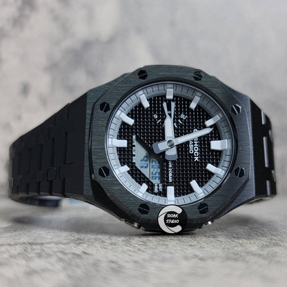 Casioak Mod Watch Black Case Metal Strap Gray White Time Mark Black Waffle Dial 44mm- Casioak Mod Casio G-Shock Royal Oak Custom Mens Luxury Watches Ga2100