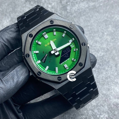 Casioak Mod Watch Black Case Metal Strap Green Time Mark Green Dial 44mm- Casioak Mod Casio G-Shock Royal Oak Custom Mens Luxury Watches Ga2100