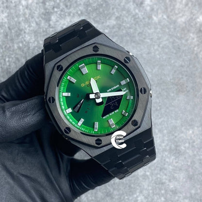 Casioak Mod Watch Black Case Metal Strap Green Time Mark Green Dial 44mm- Casioak Mod Casio G-Shock Royal Oak Custom Mens Luxury Watches Ga2100