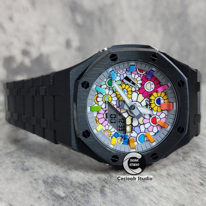 Casioak Mod Watch Black Case Metal Strap Rainbow Time Mark Takashi Murakami Dial 44mm- Casioak Mod Casio G-Shock Royal Oak Custom Mens Luxury Watches Ga2100