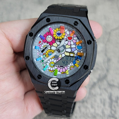 Casioak Mod Watch Black Case Metal Strap Rainbow Time Mark Takashi Murakami Dial 44mm- Casioak Mod Casio G-Shock Royal Oak Custom Mens Luxury Watches Ga2100