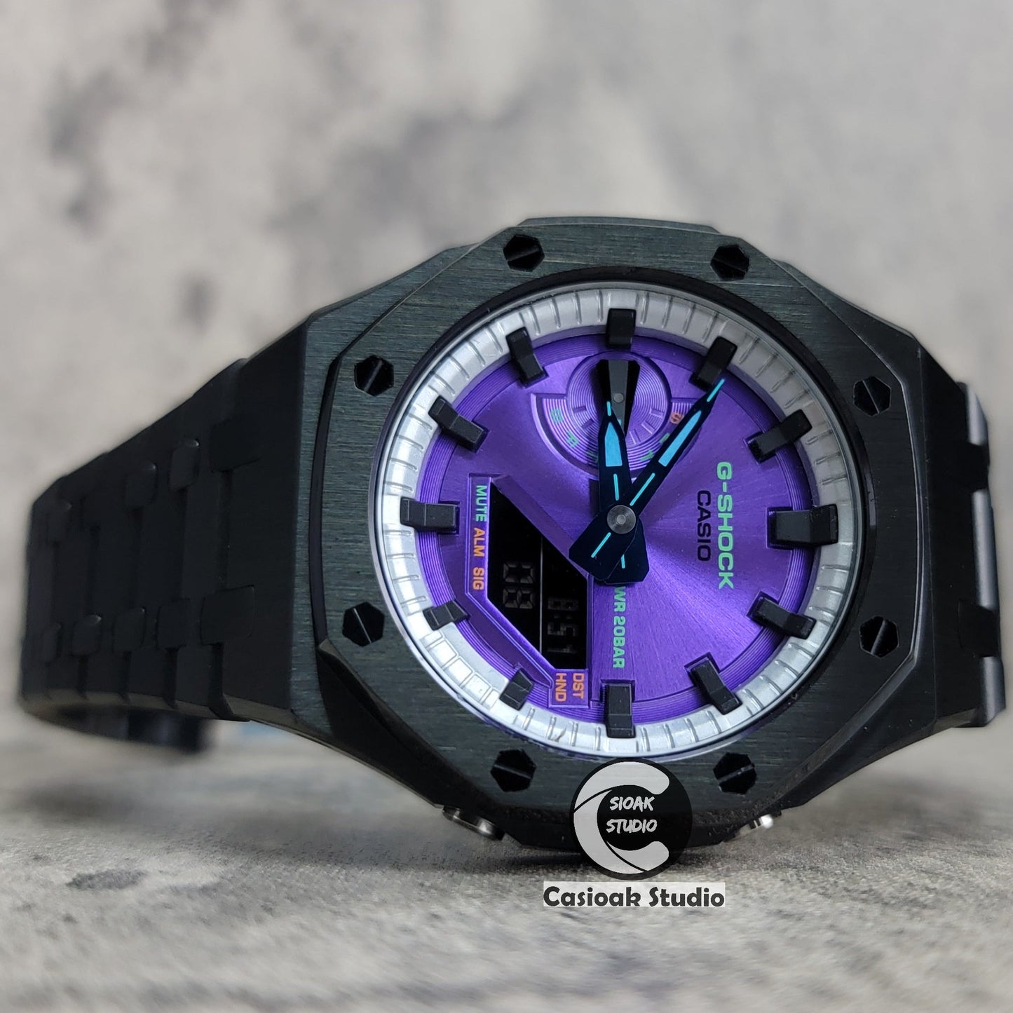 Casioak Mod Watch Black Case Metal Strap Silver Black Time Mark Purple Dial 44mm- Casioak Mod Casio G-Shock Royal Oak Custom Mens Luxury Watches Ga2100