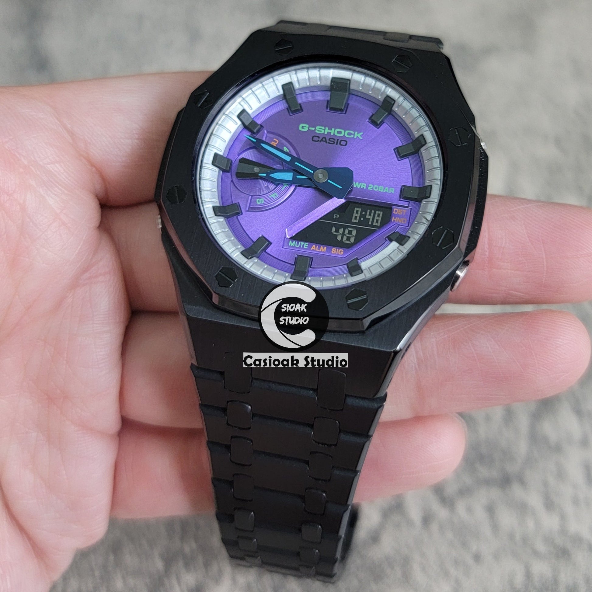 Casioak Mod Watch Black Case Metal Strap Silver Black Time Mark Purple Dial 44mm- Casioak Mod Casio G-Shock Royal Oak Custom Mens Luxury Watches Ga2100