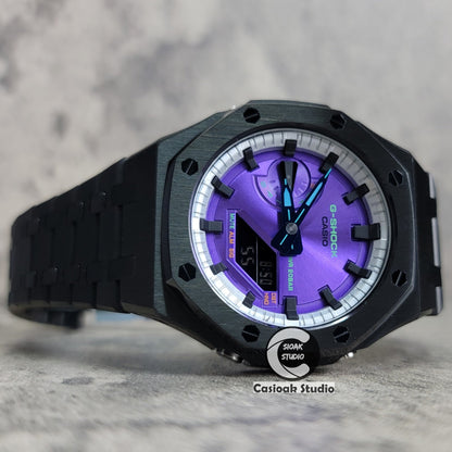 Casioak Mod Watch Black Case Metal Strap Silver Black Time Mark Purple Dial 44mm- Casioak Mod Casio G-Shock Royal Oak Custom Mens Luxury Watches Ga2100