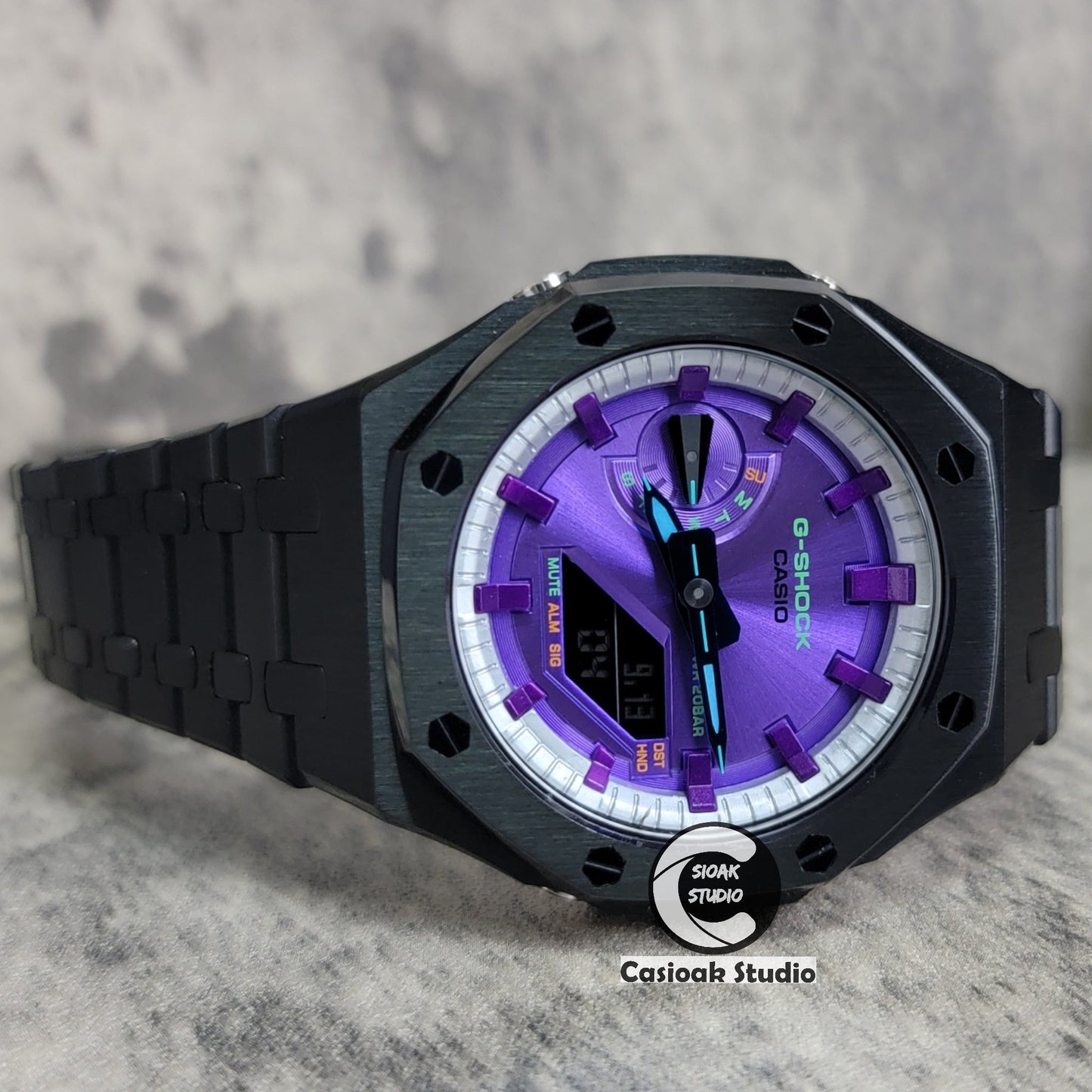 Casioak Mod Watch Black Case Metal Strap Silver Purple Time Mark Purple Dial 44mm- Casioak Mod Casio G-Shock Royal Oak Custom Mens Luxury Watches Ga2100