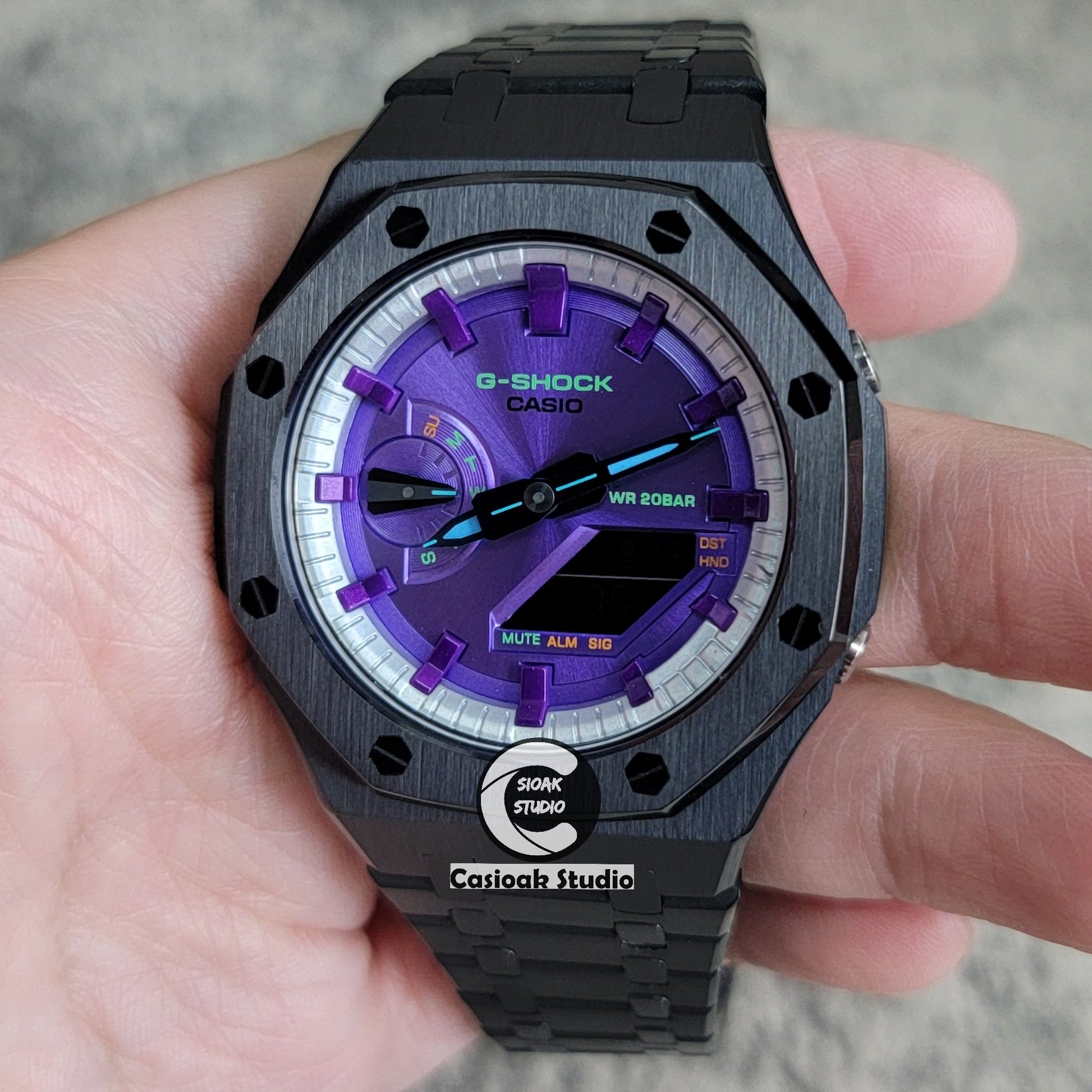 Casioak Mod Watch Black Case Metal Strap Silver Purple Time Mark Purple Dial 44mm- Casioak Mod Casio G-Shock Royal Oak Custom Mens Luxury Watches Ga2100