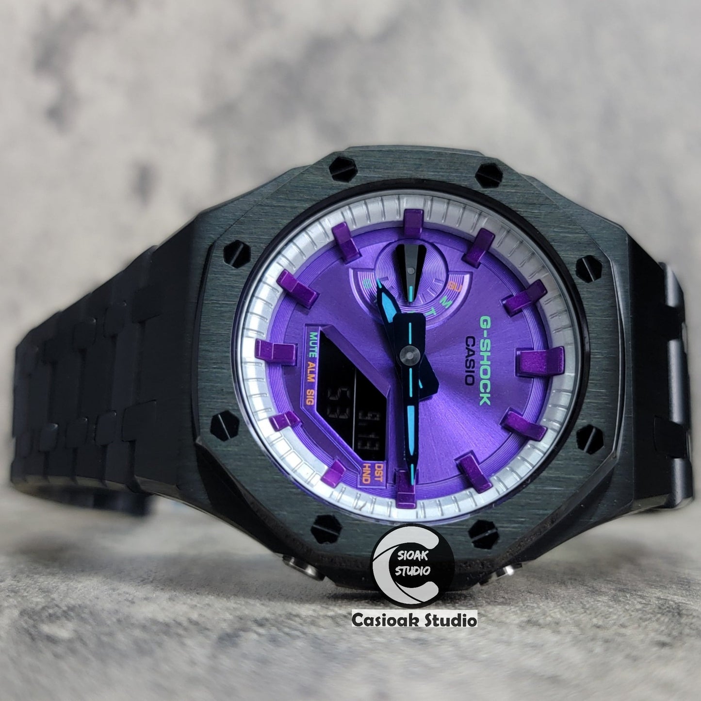 Casioak Mod Watch Black Case Metal Strap Silver Purple Time Mark Purple Dial 44mm- Casioak Mod Casio G-Shock Royal Oak Custom Mens Luxury Watches Ga2100