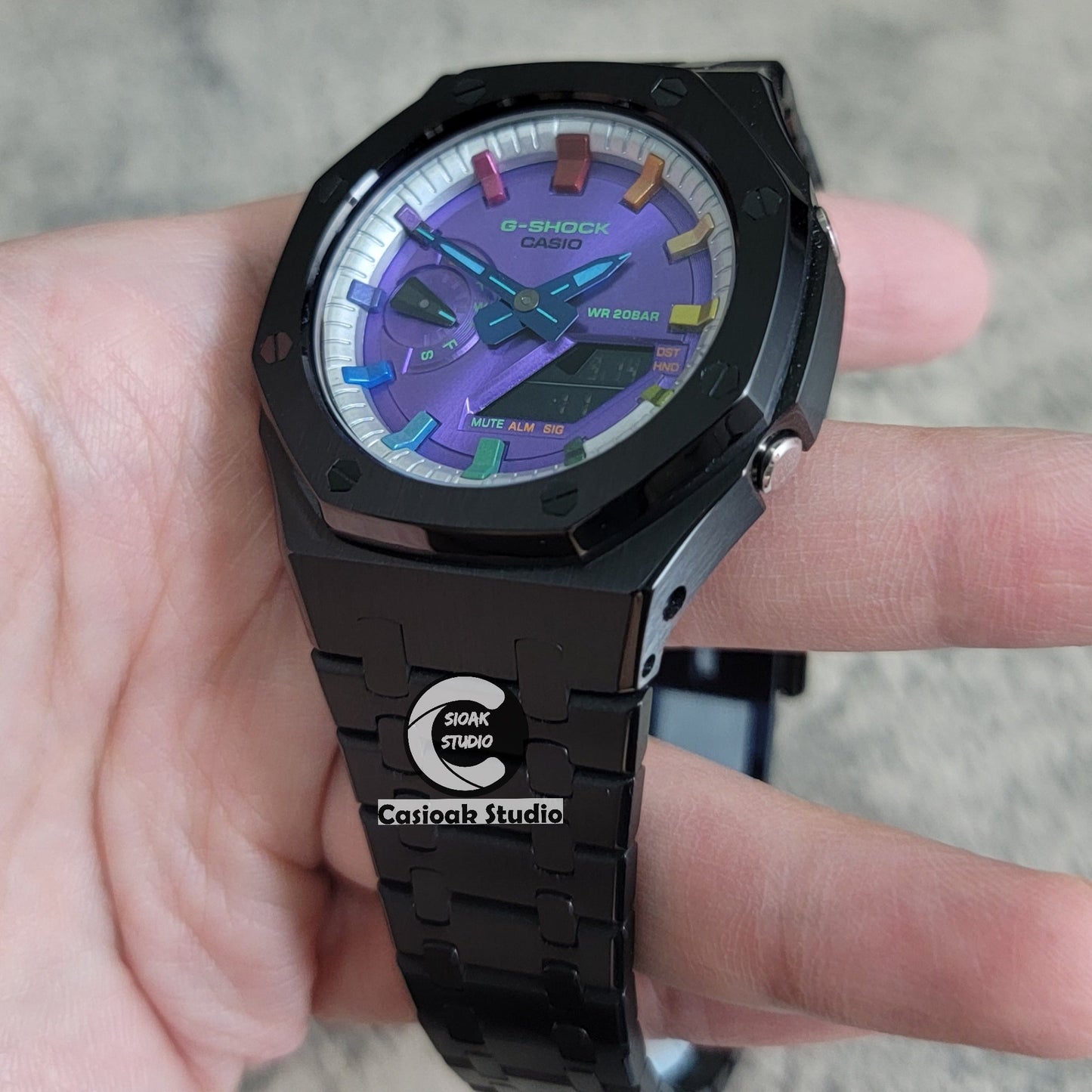 Casioak Mod Watch Black Case Metal Strap Silver Rainbow Time Mark Purple Dial 44mm- Casioak Mod Casio G-Shock Royal Oak Custom Mens Luxury Watches Ga2100