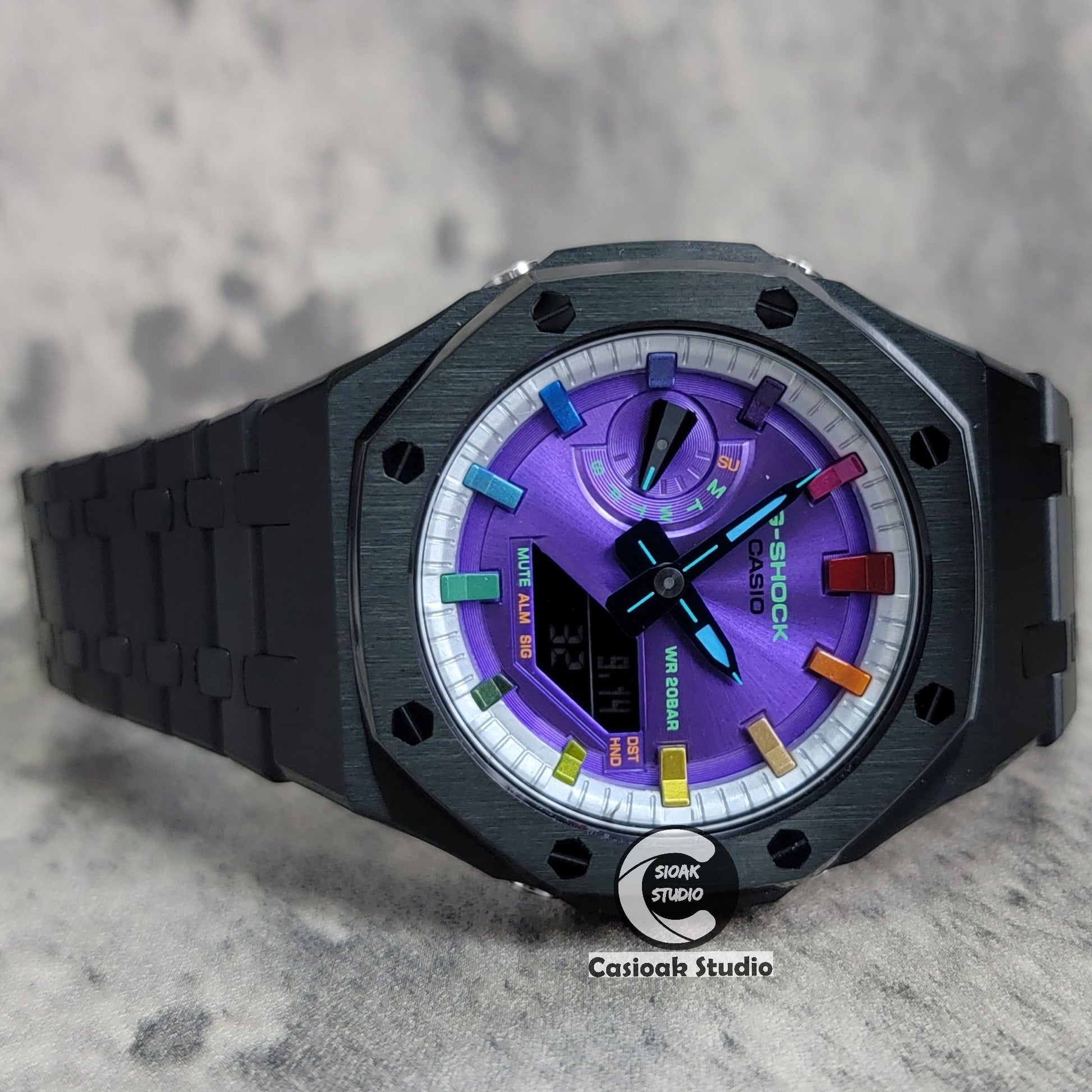 Casioak Mod Watch Black Case Metal Strap Silver Rainbow Time Mark Purple Dial 44mm- Casioak Mod Casio G-Shock Royal Oak Custom Mens Luxury Watches Ga2100