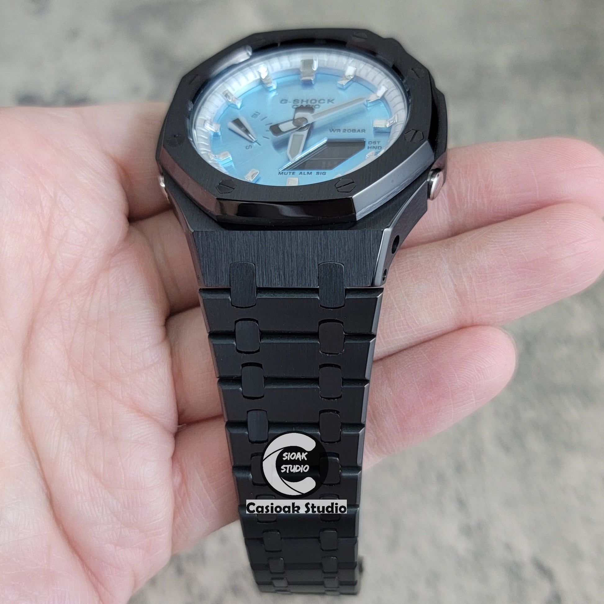 Casioak Mod Watch Black Case Metal Strap Silver Time Mark Ice Blue Dial 44mm- Casioak Mod Casio G-Shock Royal Oak Custom Mens Luxury Watches Ga2100