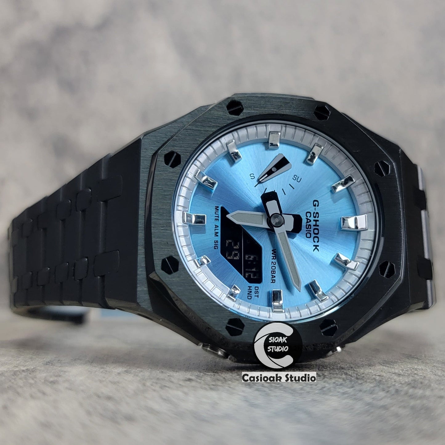 Casioak Mod Watch Black Case Metal Strap Silver Time Mark Ice Blue Dial 44mm- Casioak Mod Casio G-Shock Royal Oak Custom Mens Luxury Watches Ga2100